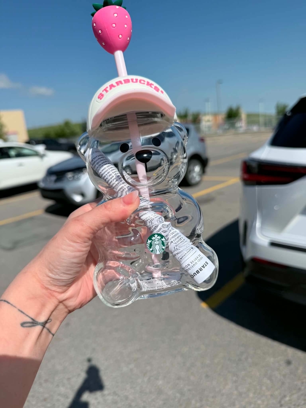 Starbucks Clear Bear Tumbler with Pink Lid and Strawberry Straw